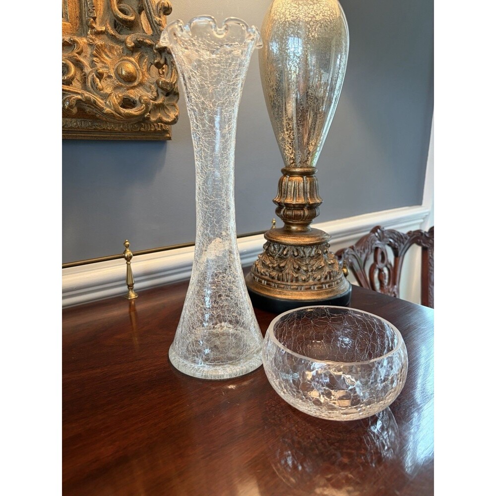 Vintage Crackle Glass Vase by Alwe Ruffled Top 11.75" and Bowl Set 1970's